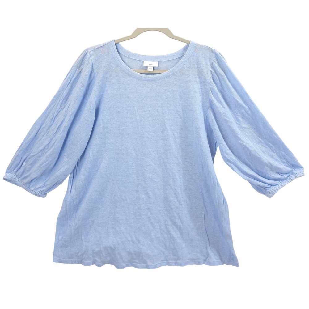 J.Jill 100% Linen Knit Puff Sleeve Top Blue Women M Coastal  Minimalist Pastel